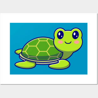 Cute Happy Turtle Swimming Cartoon Posters and Art